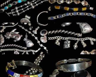 Large selection of high quality vintage sterling silver bracelets pins charms and more