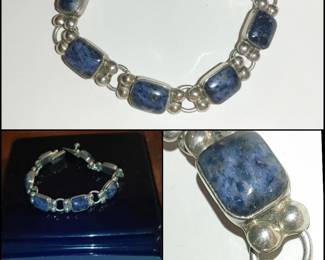 Vintage Taxco Mexico Chunky Sterling Bracelet, Blue Lapis Inlay Link Bracelet