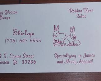 Peggy's business card from the shop check out the rabbits