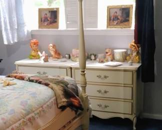 Beautiful vintage French provincial bedroom set with four poster bed ( dog not included) this is her favorite bedroom she likes to hide under the bed