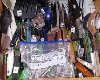 Lots of vintage knives cooking utensils