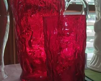 Gorgeous vintage red pitcher and one glass