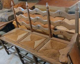 Three seater primitive bench with Rush seat Pine