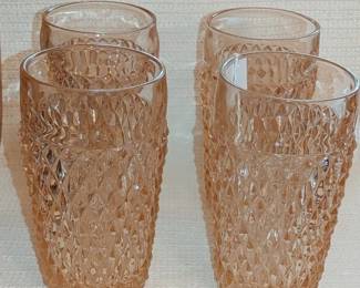 Vintage INDIANA GLASS Pink Diamond Point 6-Inch Flat Water Tumblers (Set of 4)