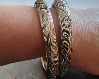Vintage Chinese Wedding Bracelets, 2 Chime Bangles, Silver Repousse Embossed nice ring when they clink together