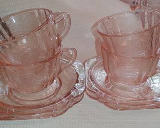 Five pink depression glass open Rose pattern