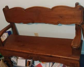Crate and Barrel Plantation country-style pine bench featuring a carved backrest with a floral design better picture to post