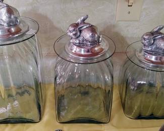 RARE Vintage Set of 3 Ribbed Clear Glass Canister Rabbit Pewter Lids Farmhouse