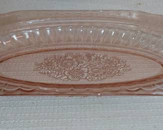 Hocking Glass Company pink depression glass oval celery dish in the Mayfair Open Rose pattern, manufactured between 1931 and 1937.