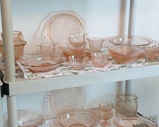 Large selection of pink depression glass