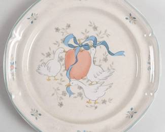 Huge set!International Tableworks "Marmalade" stoneware dinner plates featuring a whimsical design of three white geese with a pink fruit and blue ribbon.