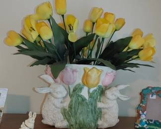 Celebrate Together Cabbage & Bunny Vase with Artificial Tulips in yellow.