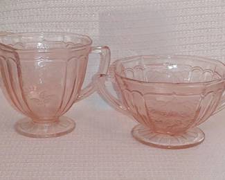 Vintage 1930s Anchor Hocking Mayfair Pink Glass Footed Open Sugar Creamer Set
