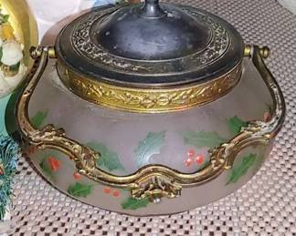, Victorian satin glass biscuit jar with Holly