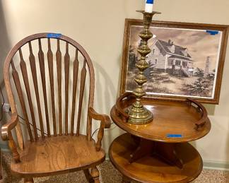 2tier Maple wood vintage table 24”Rnd x 26”h $75 top has side rails; wood Arm Chair $25; 39”h brass lamp base $30