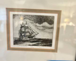 Framed, double matted whale ship 10” x 9” - Waleship - Wandered by Leonard Mersey $75