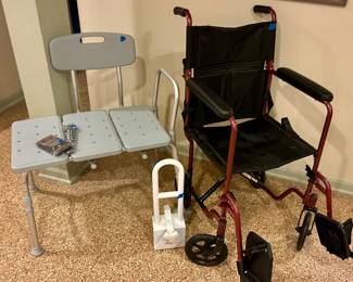 Bath chair $25; burgundy folding wheelchair $50, metal bath grip $20
