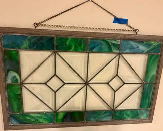 Framed 30” x 19” Green & Clear Stained glass decorative window $60