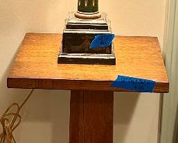 Wood display stand 22”sq x 36”h $25; lamp 28”h $15