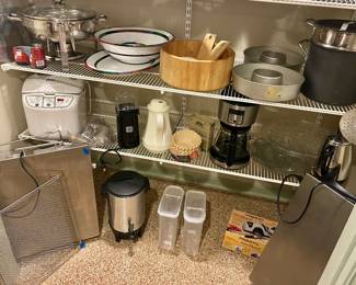 Entertaining kitchenware Rnd chafing dish, warmer trays, Calphalon stock pot, coffee makers…. 