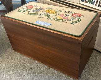Vintage embroidered top solid wood sewing chest with sliding wood storage tray  24”w x 13d x 13 h $125