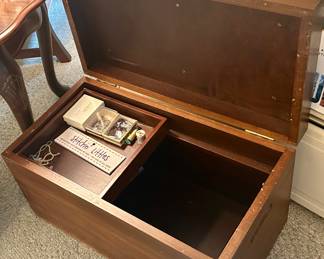 Vintage embroidered top solid wood sewing chest with sliding door storage tray 24”w x 13d x 13 h $125