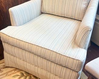 Cream background with pink burgundy and blue stripes upholstered armchair 28WX 33DX 26H 17”floor to seat $145
