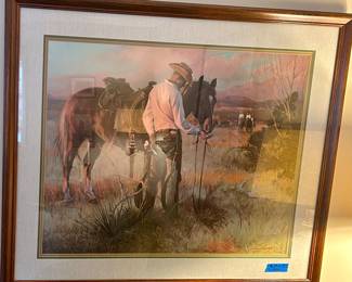 Cowboy & his horse on the range framed & double matted 36”w x 30”h $45