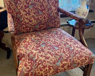 Wood Framed Maroon patterned paisley upholstery 29w x 32”d x 18” floor to seat $165