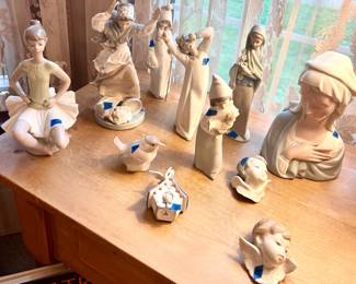 Lladro figurines Ballerina $50, Virgin Mary $50, small angel heads $5ea, small bird house $25, Bird $45, lady $75, 