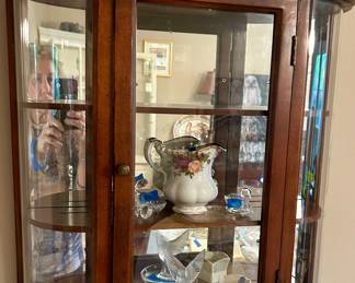 Lalique ring dish $45, Swarovski Swan $25 & Rose $30; sold 3 shelf wall curio 20”w x 6”d x 26.5”h $50 