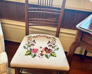 Antique carved wood embroidered upright chair; 18” floor to seat $75