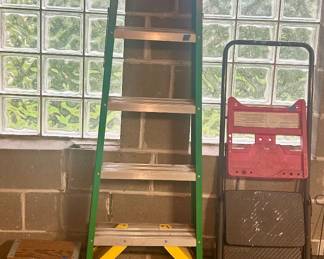 Werner 6’ ladder $50, wood 3 step ladder $15; 4 step aluminum Cosco ladder with hold top $35