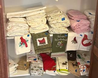 Full & Queen sheet sets, embroidered pillows, holiday hand towels, handkerchiefs & Dollies. 