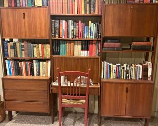 MCM House of Teak 3 section bookcase desk $300 each section( 28.5w x 16”d x 72”h); Burgundy, Rush seat straight back chair $35 