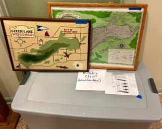 unassembled portable Closet $30, Framed Green Lake Wisconsin $30, Map $25 sold 