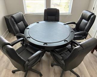 modern black leatherette 6-person reversible game table set with matching swivel chairs
