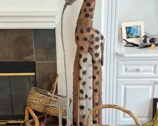 BE276Tall Wood Giraffe Sculpture, Baskets  More