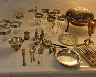 BE152Vintage Dorothy Thorpe Silver Plated Glassware And Other Silver Plated Flatware And Serving Dishes