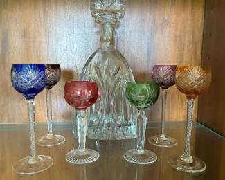 BE209Vintage Multicolored Stemmed Glasses  Decanter