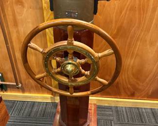Fully restored customized antique ship's Ritchie binnacle with integrated steering wheel: base 18" x 15"; 47" tall; $4,200