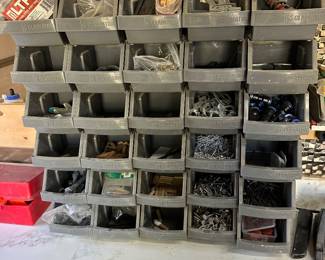 Garage organizing bins with contents; $10 all 