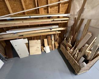 Lots of wood; wooden scrap wood holder on wheels $100 all (much more than what is pictured here)