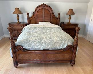 Tropical Tommy Bahama-style queen bedroom set: queen bed (Winkbeds Soft Allerease mattress in protective zippered cover), two nightstands, two lamps, tall dresser: $1800