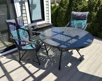 Outdoor patio set: aluminum table with four chairs, side chair with ottoman and side table; $400/set