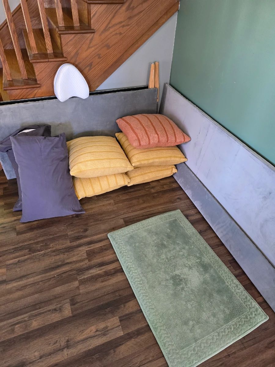 Queen daybed frame, throw pillows, rug