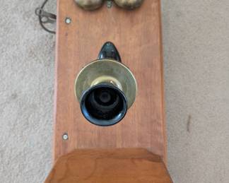Oak wall phone modified to hold decanters- it HAS the ear piece & crank 