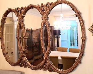  HOLLYWOOD RECENCY TRIPTYCH GOLD OVAL MIRROR 66"L