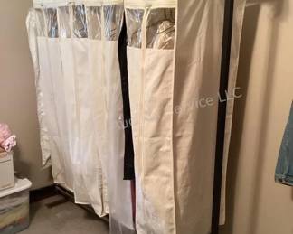 Garment racks (3), clothing, lines & more