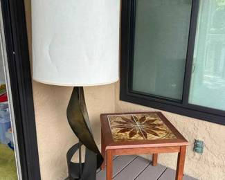 LU131Teak Tile End Table And Local Artist Lamp MidCentury